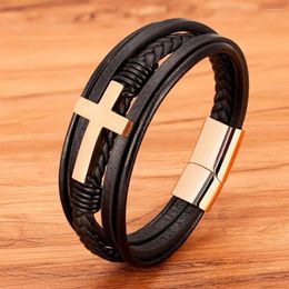 Link Bracelets Fashion Multi-Layer Leather Stainless Steel Magnetic Clasp Cross Bracelet Men Punk Jewellery Braided Bangles