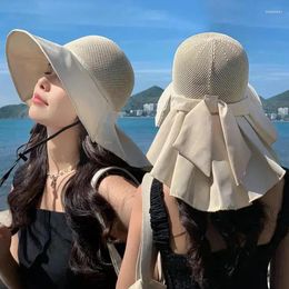 Berets Large Brim Hollow Bucket Hats With Shawl Lightweight Mesh Neck Protection Cotton Sun Hat Summer UV Sunscreen Travel Beach Visors