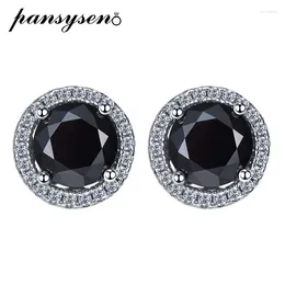 Stud Earrings PANSYSEN 925 Sterling Silver 1CT Round Created Obsidian Black Gemstone For Women Vintage Fine Jewellery Wholesale