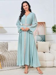 Ethnic Clothing Marocain Abaya Muslim Dress Women Party V-neck Long Sleeve Dubai Arab Vintage Kaftan Turkey CaftanVestido Longo Feminino