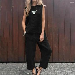 Women's Two Piece Pants Casual Women Suit Outfit Sleeveless Vest Set With Elastic Waist Side Pockets Sport For Daily Wear