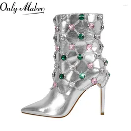 Boots Onlymaker Female Sliver Ankel Poited Toe Thin High Heel Side Zipper Plus Size Rhinestone Booties