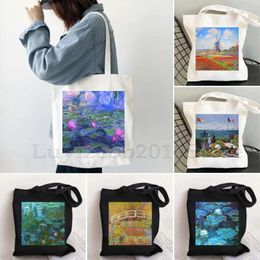 Drawstring Claude Monet Water Lilies Painting Garden Flowers Bridge Tulip Sunrise Canvas Shoulder Tote Bag Harajuku Shopper Cotton Handbags