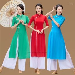 Stage Wear 2024 Chinese Vintage Folk Dance Performance Traditional Mesh Qipao Dress Pants Elegant Practice