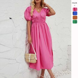 Hot selling Summer Casual Loose Fitting Waist Skirt V-neck Short Sleeved Vacation Women's Dress