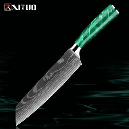 Kiritsuke Chef Knife 8" Japanese Kitchen Knives for slicing meats Vegetables Ergonomic Resin Handle Damascus Laser Pattern Blade
