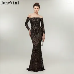 Party Dresses JaneVini African Elegant Prom Mermaid Bling Sequined Long Sleeve Black Evening Dress Arabic Gown Gala Jurken 2024