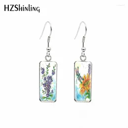 Dangle Earrings 2024 Song Of The Larkspur Rectangular Earring Flower Art Fish Hook Glass Cabochon Handmade Jewelry