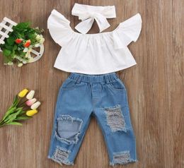 New 3PCS Set Cute Baby Girls Fashion Children Girls Clothes Off Shoulder Crop Tops White Hole Denim Pant Jean Headband 3PCS Toddl8978887