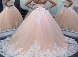 Sweet Pink Ball Gown Dresses Evening Wear Strapless White Lace Appliques 2016 Lace Up Back Prom Gowns Custom Made3290355