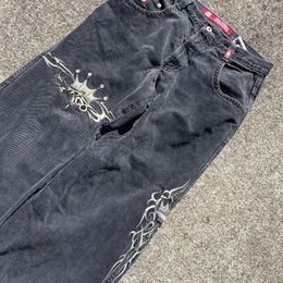 Women's Jeans Streetwear JNCO Retro Hip Hop Graphic Embroidered Baggy Black Pants Mens Womens Gothic High Waist Wide Leg Trousers