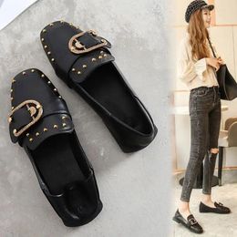 Casual Shoes Loafers Square Toe Women's Black Low Heel Elegant Ladies Footwear Normal Leather Rivet Trend Korean Style E Lastest