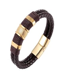 Classic Stainless Steel Men039s Leather Bracelet Woven Leather Rope Wrapping Doublelayer DIY Customization Bangle94909066894710