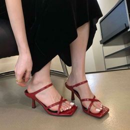 Women Ladies Square Heels Elegant Summer Slippers Outside Cross Tied Leather Female Slides 2024 Fashion Woman Sandals