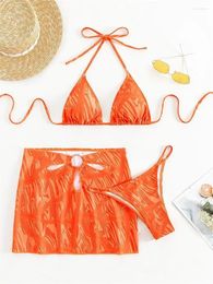 Women's Swimwear Bikini Set Sexy Orange Print 3 Piece Micro Halter Mini String Thong Swimsuit Women With Skirts Biquinis Beachwear