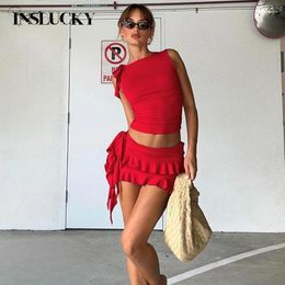 Work Dresses InsLucky Summer Sexy Pleated Skirt Two Piece Set Women Beach Suit O Neck Sleevekess Crop Top Tank Matching Clothing Travelwear