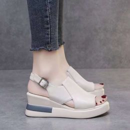 2024 Wedge Sandals New Summer High-heeled Fish Mouth Women's Soft Leather Heightened Platform Shoes