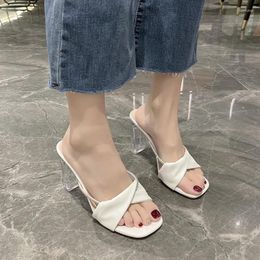 Slippers 2024 Summer Fashion Square Head Open Toe Water Diamond Sexy Solid Crystal Heel Wearing Women's Comfortable