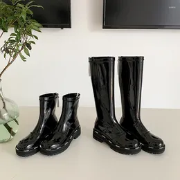 Boots Patent Leather Black Women's Platform Knee High Brand Designer Female Casual Trend Chunky Heels Long De Botas