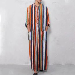 Ethnic Clothing Dubai Middle East Islamic Men Robes Breathable Striped Print Cotton Robe Vintage Muslim