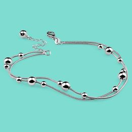 Womens Classic 925 Genuine Sterling Silver Chain Minimalist Bead Chain Ankle Bracelet 27CM Summer Femal Beach Sandals Jewellery 240511