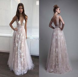 Newest Lace Backless Beach Berta Prom Dresses V Neck Tulle Ivory Nude Sexy Paolo Sebastian Evening Gowns Celebrity Dresses3128043