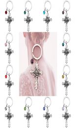 Creative Rose Cross Keychain with 12 Birthstones Jewellery Memorial Gifts Bag Pendant Key Chains Religious Christian Keyrings5186125
