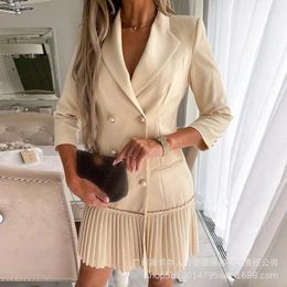 Casual Dresses 2024 Autumn Winter Dress Women Solid Colour Pleated Stitching Double Breasted Long Sleeve Turn-down Collar Blazer