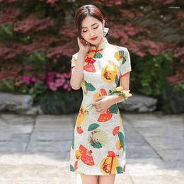 Ethnic Clothing Women Summer Chinese National Cheongsam Colourful Short Dress Vintage Traditional Improved Fan Pattern Casual Qipao