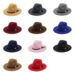 Fashion TOP hats for men women Elegant fashion Solid felt Fedora Hat Band Wide Flat Brim Jazz Hats Stylish Trilby Panama Caps3040169