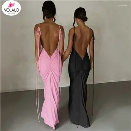 Casual Dresses VOLALO Sexy Backless Women's Party Dress Maxi Slip Sheath Long Female Solid Ruched Slim Lady Eveing Robe Spring Summer