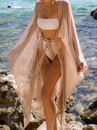 Women Beach Wear Beach Kimono Mesh for Swimwear Bikini Cover Up Self Belted Shiny Wrap Dresses Swimsuit with Cape Summer Beachwear d240501