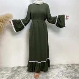 Ethnic Clothing Elegant Quality Chiffon Abaya With Lace Embellish Sleeve Modest Front Zipper Easy Breast Islamic Side Pocket Long Dress