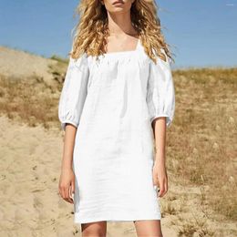 Casual Dresses Women's French Square Collar Cotton Linen Dress Five Point Sleeve Puffed Long Cute