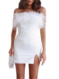 Casual Dresses Sexy Tube Mini Dress For Women Feather Decor Neckline Solid Colour Party Slim Wild Strapless Slit Bodycon