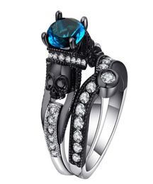 Hainon 2PCS Skull Ring Sets Women Men Punk Jewellery Charm BlackSilver Colour Round Cubic Zirconia Cluster Rings7624668