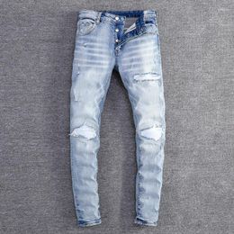 Men's Jeans Street Fashion Stretch Retro Light Blue Slim Fit Slit White Leather Patchwork Designer Hip-hop Brand Pan