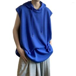 Men's Tank Tops Men Workout Hoodie Sleeveless Hooded Top For Summer Casual Drawstring Pullover Vest Breathable Solid Colour Mid-length