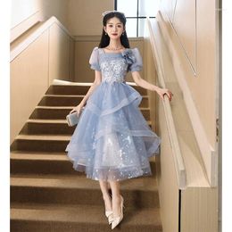 Party Dresses Temperament Blue Prom Dress Exquisite Applique Bow Square Collar Quinceanera Sweet A-Line Ball Gown Princess