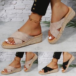 Slippers Ladies Fashion Summer Solid Colour Suede Strap Woven Bottom Wedge High Top For Women