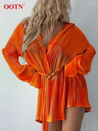 Casual Dresses Vintage Orange Lantern Sleeve Dress Women Street Single Breasted Mini 2024 Sexy High Waist Female Spring