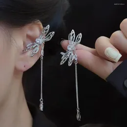 Backs Earrings Rhinestone Dragonfly Ear Clips With Tissue Electroplate Non-piercing Ins Korean Style Dangle Chain Cuffs Gift