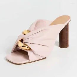 Dress Shoes Pink Open Square Toe Gold Chain Twisted Strap Wood Heeled Mules