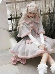 Work Dresses 2024 Winter Plush Lolita Dress Sets Vintage Tweed Cloak JSK Set Kawaii Korean Sweet Girl Bow Tie Mini Faux Fur Cape Suits