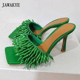 Slippers Green String Bead High Heel Mules 2024 Runway Square Toe Stretch Summer Slides Real Leather One Strap Party Holiday