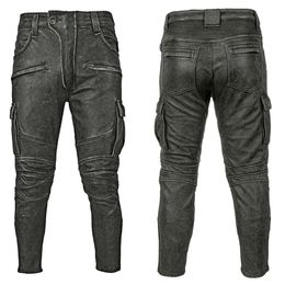 Vintage Grey Black Motorcycle Leather Trousers Men Leather Pant Thick Natural Cowhide Mens Motor Biker Racer Pants Asian Size 240424