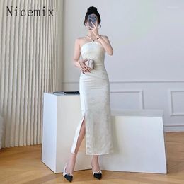 Casual Dresses Chinese Style Sexy Split Slip Dress Summer Vintage Sleeveless Off Shoulder Waist Slimmming Apricot Long For Women