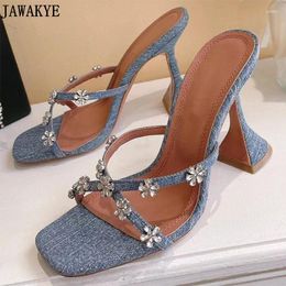 Slippers Sexy Cross Band Crystal Flower Women Satin Square Toe Cup Heel Banquet Shoes Formal Dress Slides High Heels