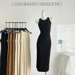 Casual Dresses Women Summer Fashion Solid Color Suspender A- Line Dress Temperament Round Neck Sleeveless Long