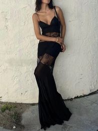 Casual Dresses Women Sexy Lace Long Bodycon Dress Tulle Mesh See-Through V-Neck Sleeveless Sling Party Club